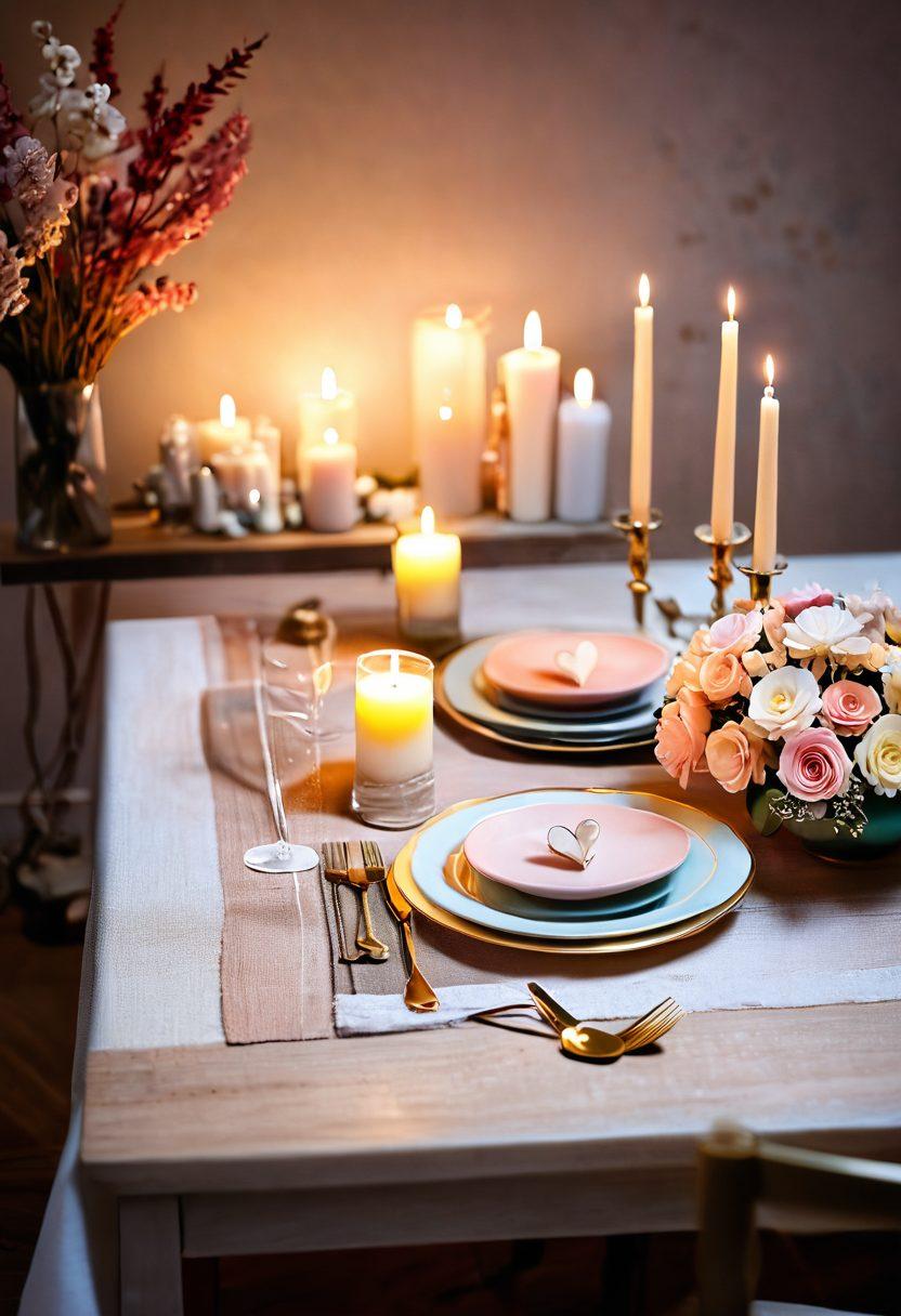 A cozy candle-lit dinner setup for two, surrounded by soft pastel colors and delicate flowers, conveying warmth and intimacy. Include subtle symbols of love, like heart-shaped decorations and intertwined hands. The scene should evoke a sense of connection and romance, with a soft-focus background. super-realistic. warm colors. gentle lighting.