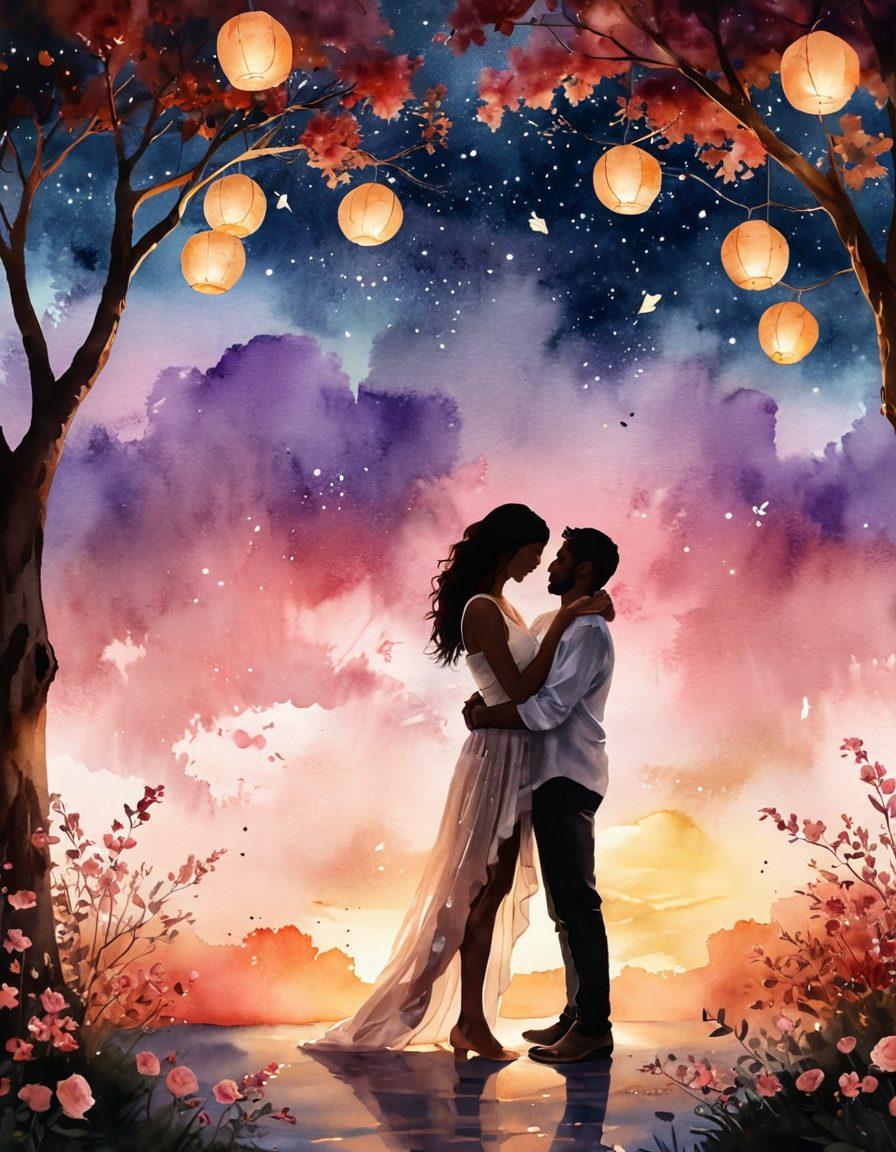 A dreamy scene of a couple sharing a heartfelt moment under a starlit sky, surrounded by soft glowing lanterns and blooming flowers. Incorporate subtle elements that represent love, such as intertwined hands, heart-shaped clouds, and scattered rose petals. The background should evoke a sense of warmth and intimacy, capturing the essence of romance. watercolor style. warm tones. ethereal lighting.