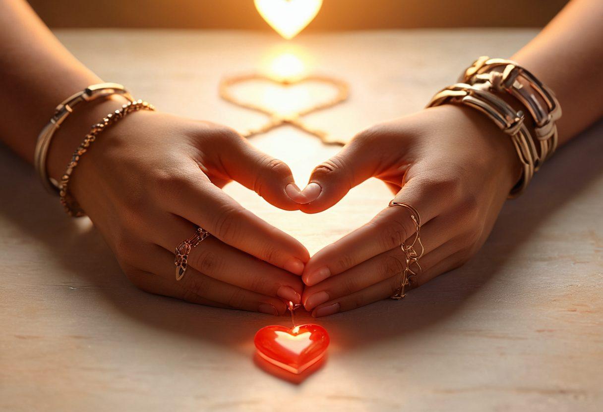 A serene and warm setting featuring two hands gently intertwined, symbolizing deep connection. In the background, a glowing heart made of keys floats, representing commitment. Soft, ethereal lighting enhances the intimate atmosphere. A calming color palette of warm reds and soft golds evokes feelings of love and trust. super-realistic. vibrant colors. soft focus.